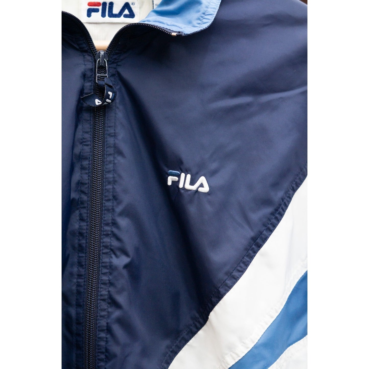 Vintage Fila Windbreaker Jacket Navy Blue White Blue Striped Full Zip Men's Size